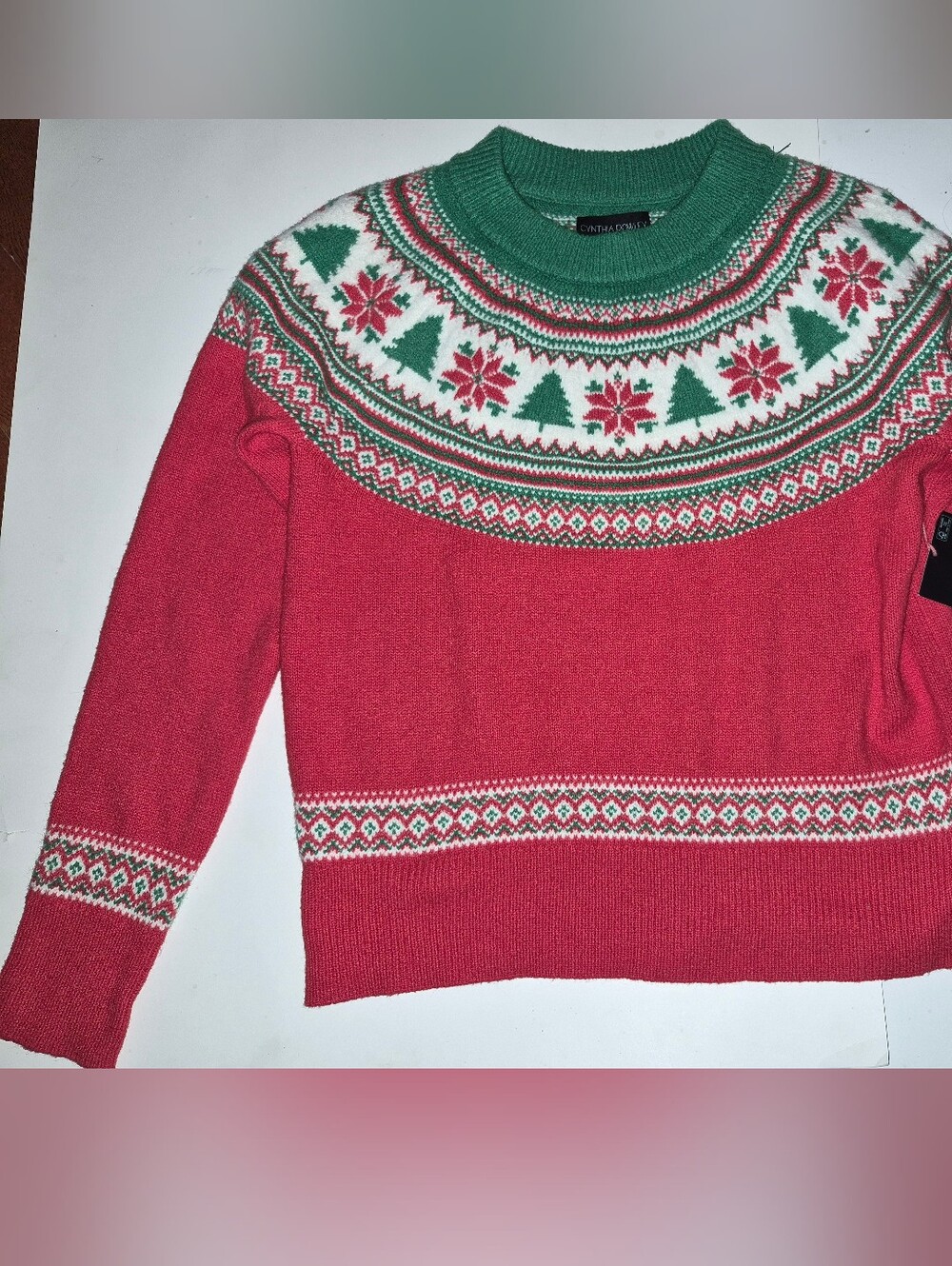Cynthia Rowley Red & Green Fair Isle Christmas Crewneck Sweater NWT Women XS